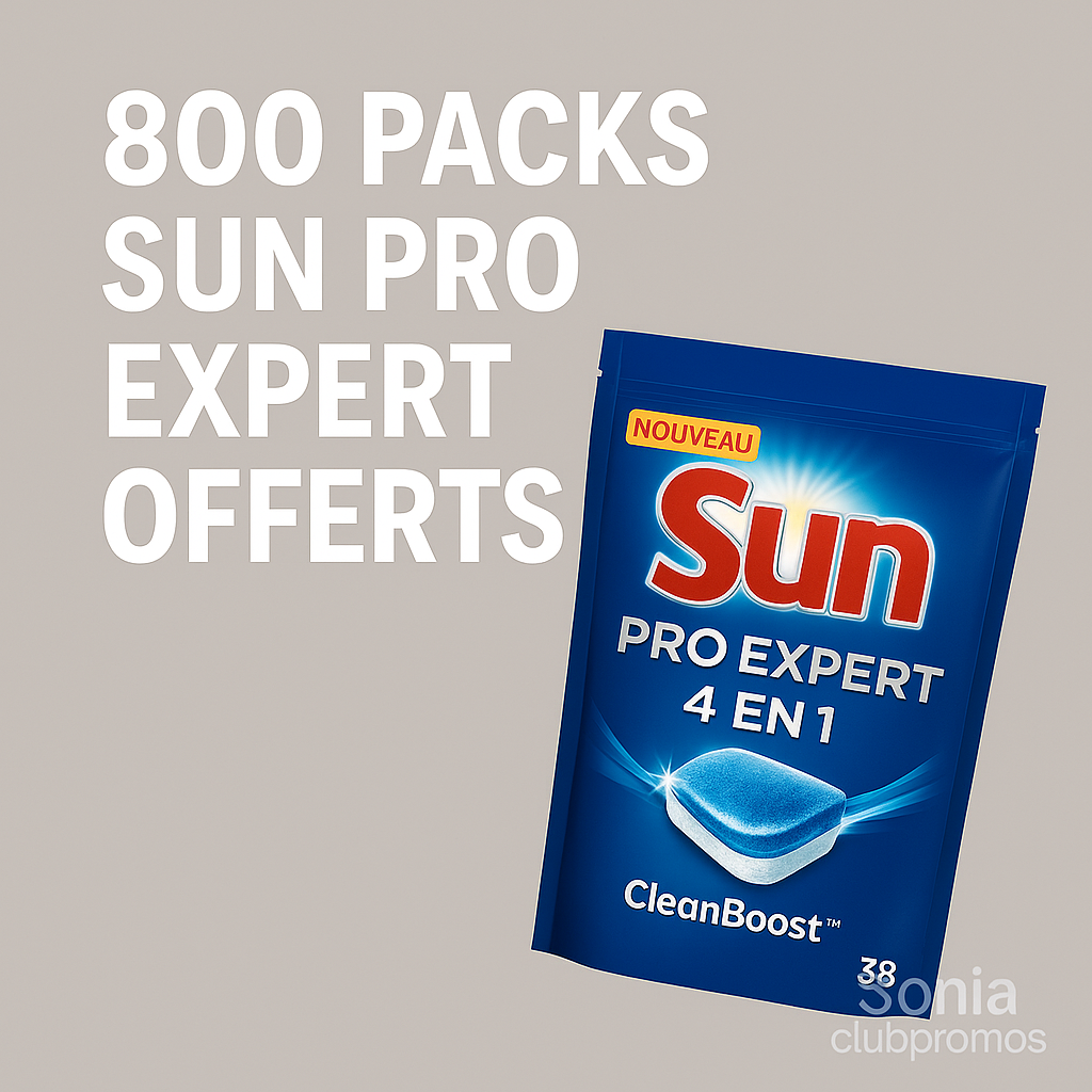 Capsules Sun 4 en 1 Pro-Expert offertes en test gratuit avec technologie CleanBoost, efficacité renforcée contre les taches, protection calcaire, échantillons à partager, pack ambassadeur Sun 2025