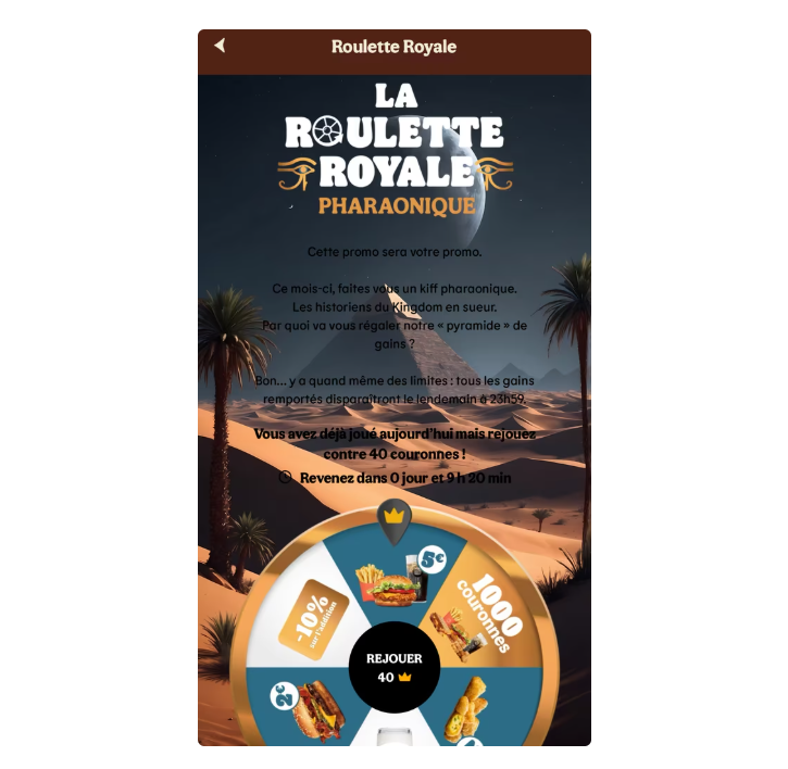 Capture d'écran de l'application Burger King montrant la Roulette Royale dans la section Kingd...png