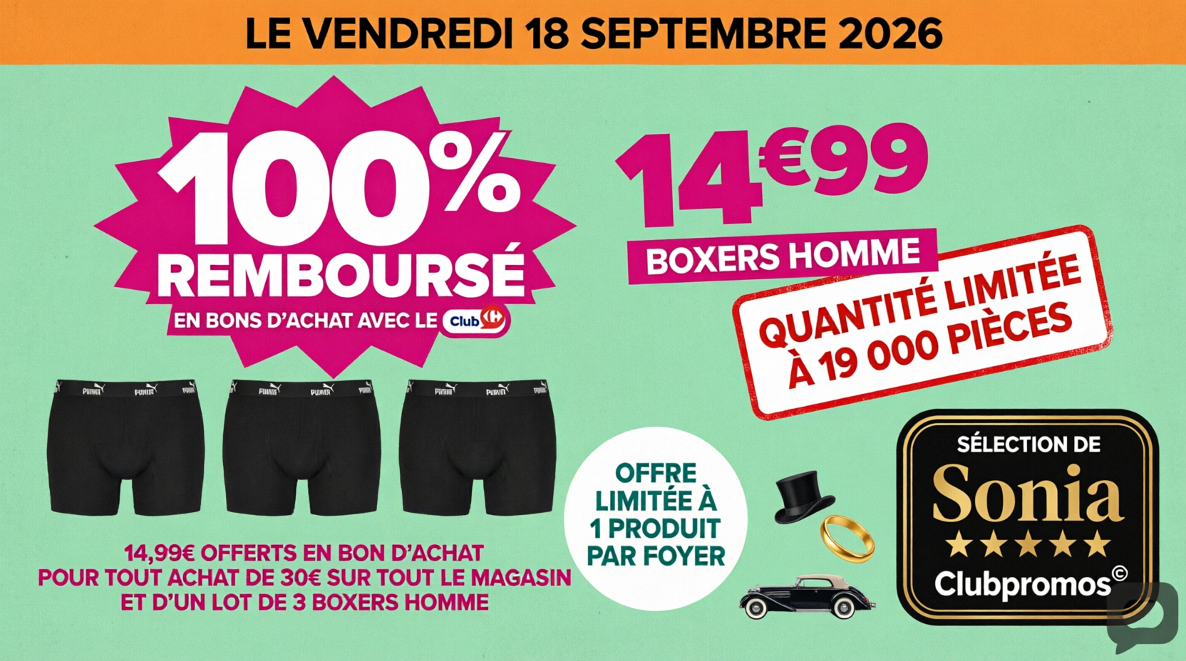 Bannière Carrefour lot de 3 boxers PUMA à 14,99 € remboursé à 100 % en bon d’achat le 18 septembre 2026