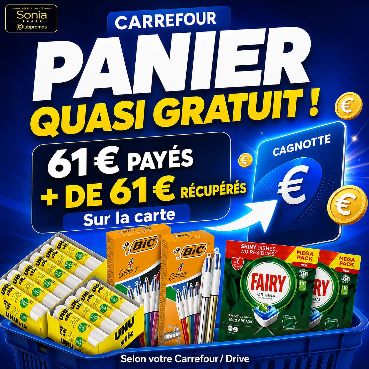 Panier Carrefour Drive quasi gratuit avec environ 61 € payés et plus de 61 € récupérés sur la Carte Carrefour