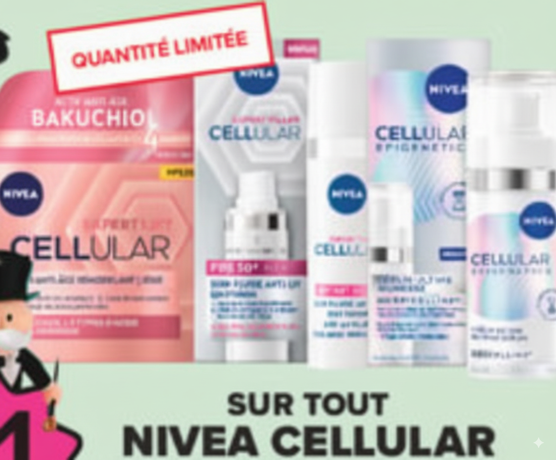 Carrefour : 100 % remboursé en bon d’achat sur toute la gamme Nivea Cellular le vendredi 12 septembre, bon utilisable du 13 au 21 septembre, limité à 20 €
