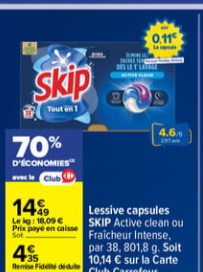 Paquet 38 capsules lessive Skip différentes variétés à 4,35€ (via 10,14€ sur carte fidélité 70%) dès 20€ d'achat Carrefour, 0,11€/capsule, en magasin du 17 février au 2 mars 2026.