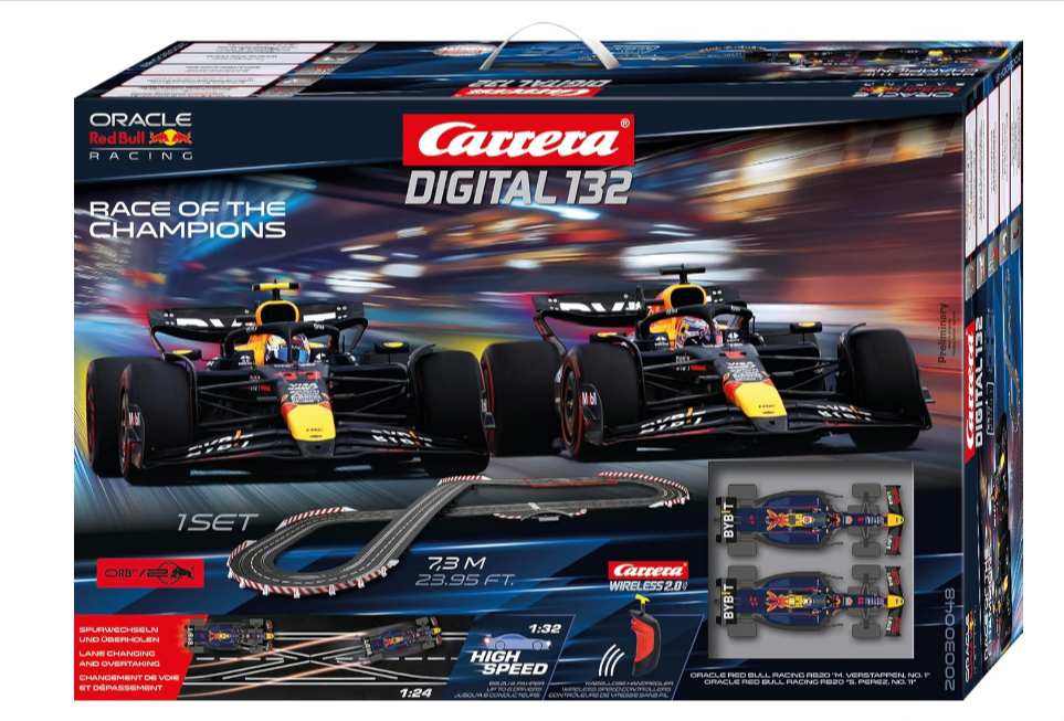 Circuit Carrera DIGITAL 132 Formula 1 Race of The Champions avec voitures Red Bull Racing RB20 Verstappen et Pérez, piste de 7,3 mètres, commandes sans fil Wireless 2.0, jusqu’à 6 pilotes, coffret de course Formule 1 à prix réduit sur Amazon.