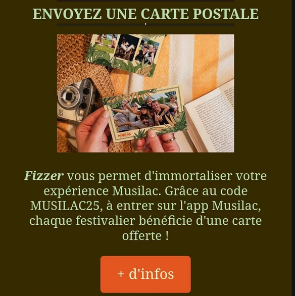 Exemple de carte Fizzer personnalisée avec photo de paysage montagneux et texte 'Souvenir de Musilac 2025', offerte via le code promo MUSILAC25
