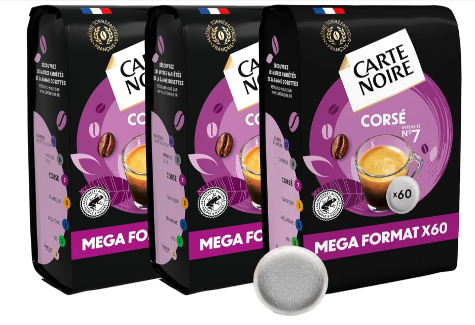 Lot de 180 dosettes Carte Noire Corsé N°7 compatibles Senseo – Café 100% Arabica – Certifié Rainforest Alliance – Torréfié en France