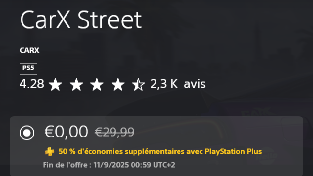 CarX Street offert pour PS5 sur le PlayStation Store - Jeu de course et tuning avec des courses palpitantes et un système physique réaliste.