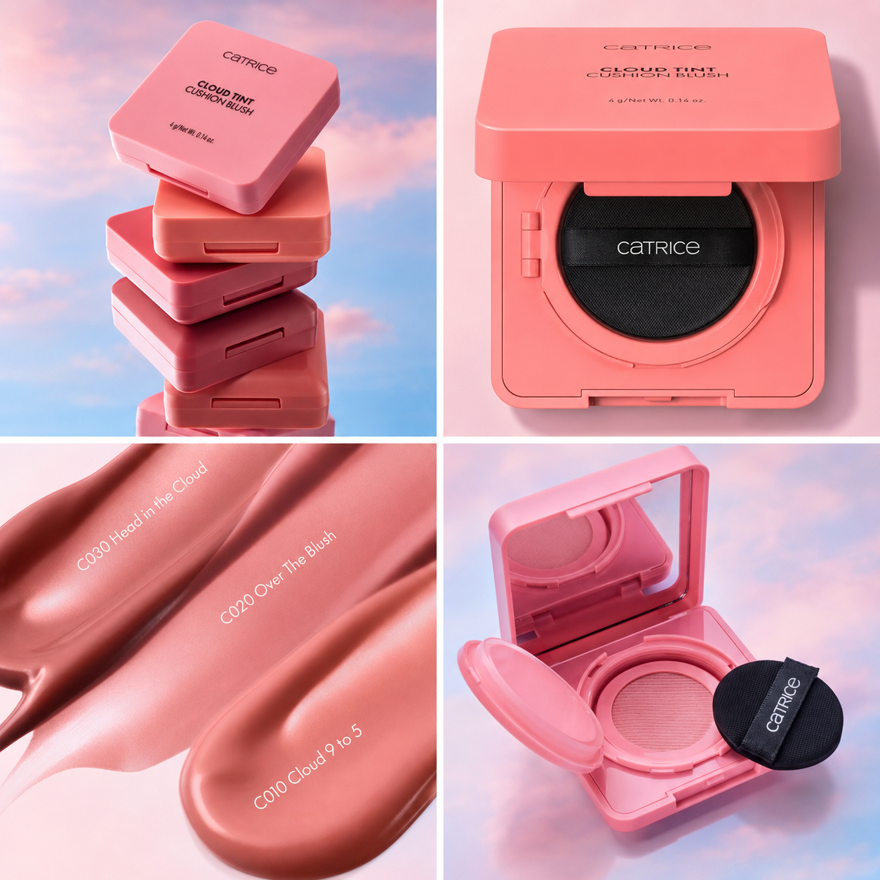 Catrice Cloud Tint Cushion Blush 4 g avec miroir et houppette, teintes C010 Cloud 9 To 5 et C020 Over The Blush, fini naturel effet voilé, formule fraîche hydratante et superposable disponible à 6,99€ sur Amazon.