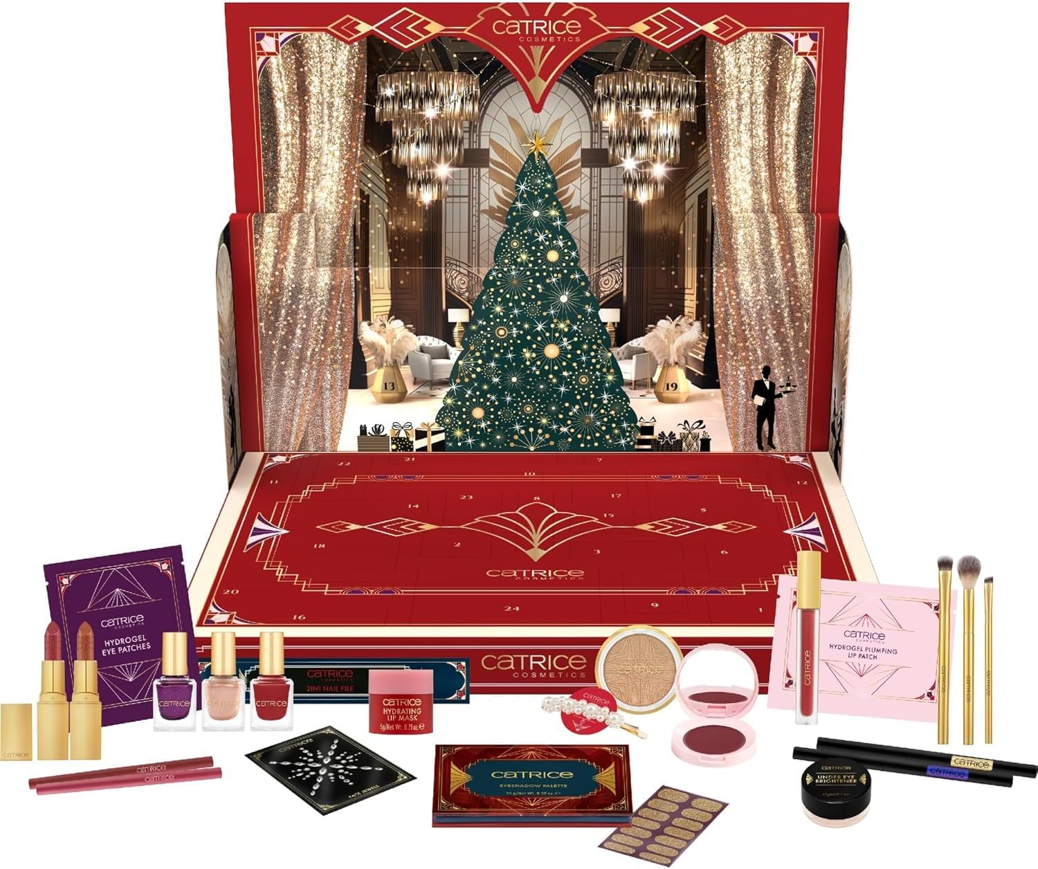 Calendrier de l’Avent CATRICE “The Great Christmas”, 24 produits full size, 11 cases pop-up, style Art déco Gatsby, coffret décoratif dépliable, idée cadeau beauté Noël.