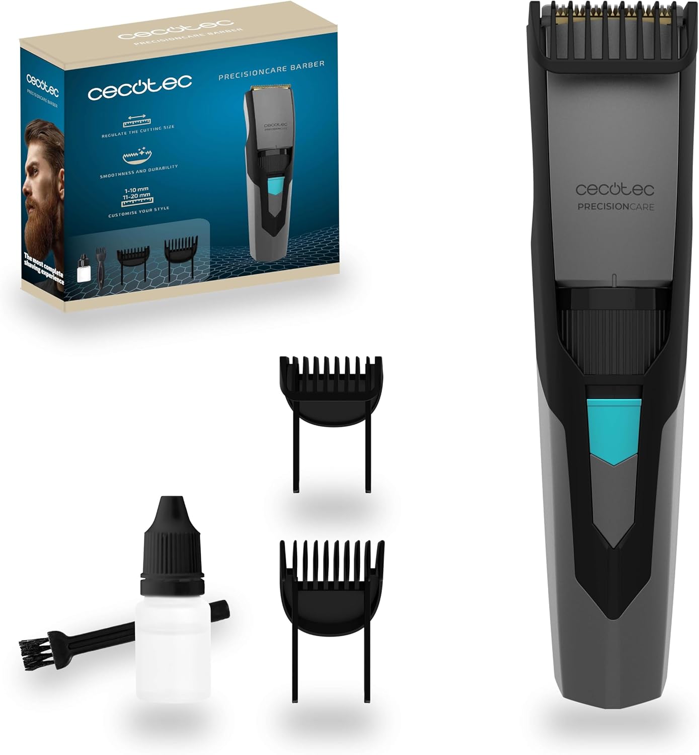 Tondeuse à barbe sans fil Cecotec PrecisionCare Barber, lames en acier inoxydable, réglage 1–20 mm avec deux sabots, autonomie 1 h, charge 2 h, huile et brosse incluses.