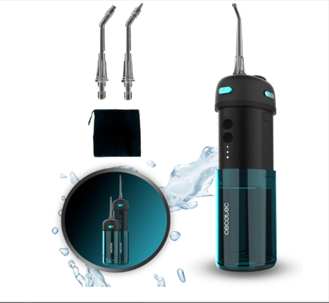 Hydropulseur dentaire portable Cecotec Jet Splash – 150 ml, 3 modes, 8 intensités, étanche IPX7, 2 buses interchangeables, design compact pour voyage, promo Amazon 17,90 € au lieu de 25 €.