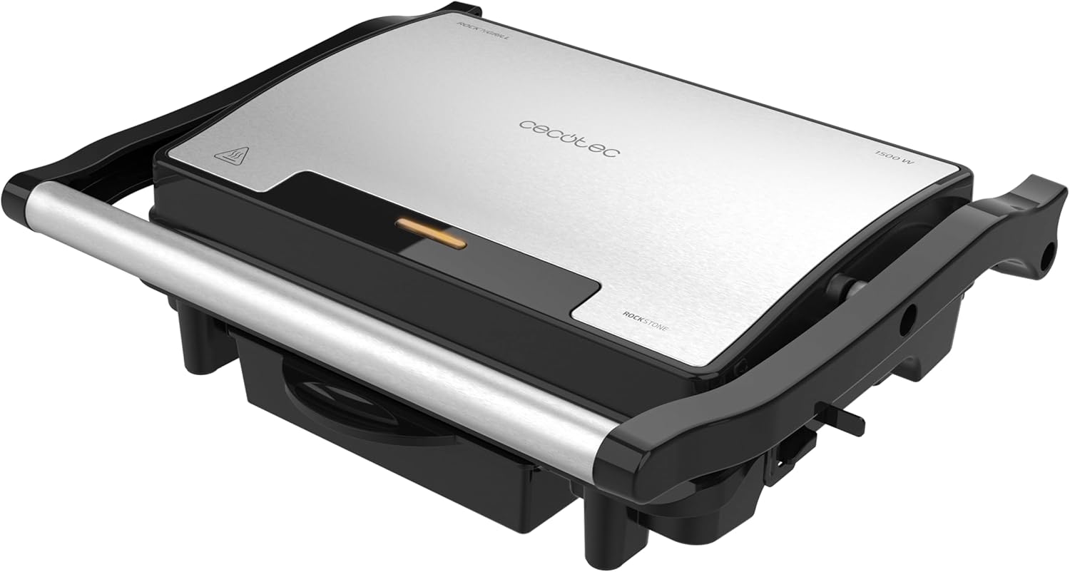  Gril électrique Cecotec Rock’nGrill Rapid 1500 W avec revêtement RockStone antiadhésif, plaque supérieure flottante et bac récupérateur de graisses, surface 24,5×17,3 cm, idéal paninis et légumes