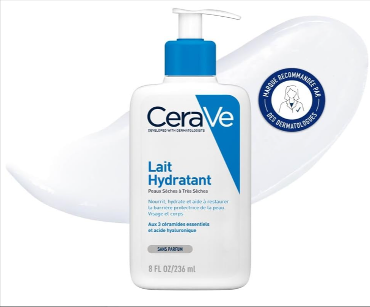  CeraVe Lait Hydratant 236 ml pour peau sèche à très sèche, avec acide hyaluronique et céramides essentiels, sans parfum, pour une hydratation 24h.