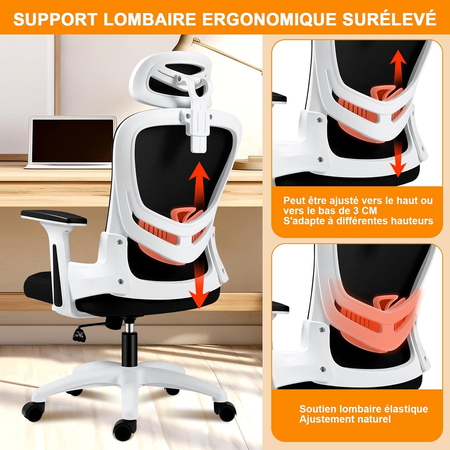 Chaise de bureau ergonomique blanche LIMBALAY avec appui-tête réglable, support lombaire et accoudoirs ajustables – confort longue durée pour télétravail ou gaming