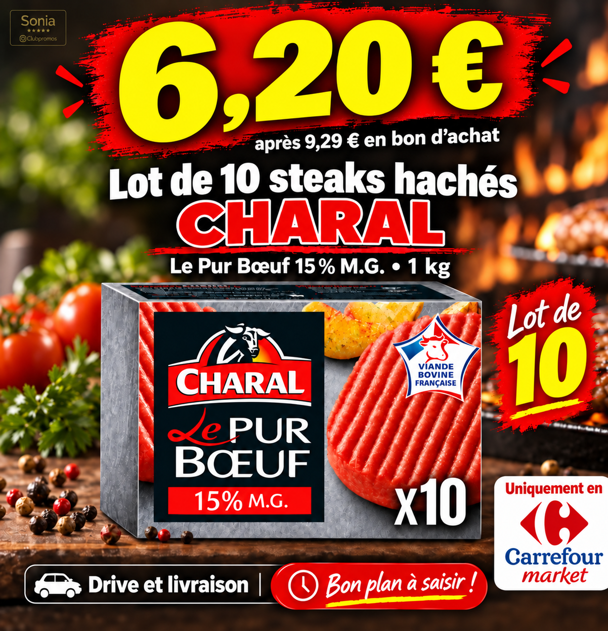 Lot de 10 steaks hachés Charal Le Pur Bœuf 1 kg revenant à 6,20 euros chez Carrefour Market