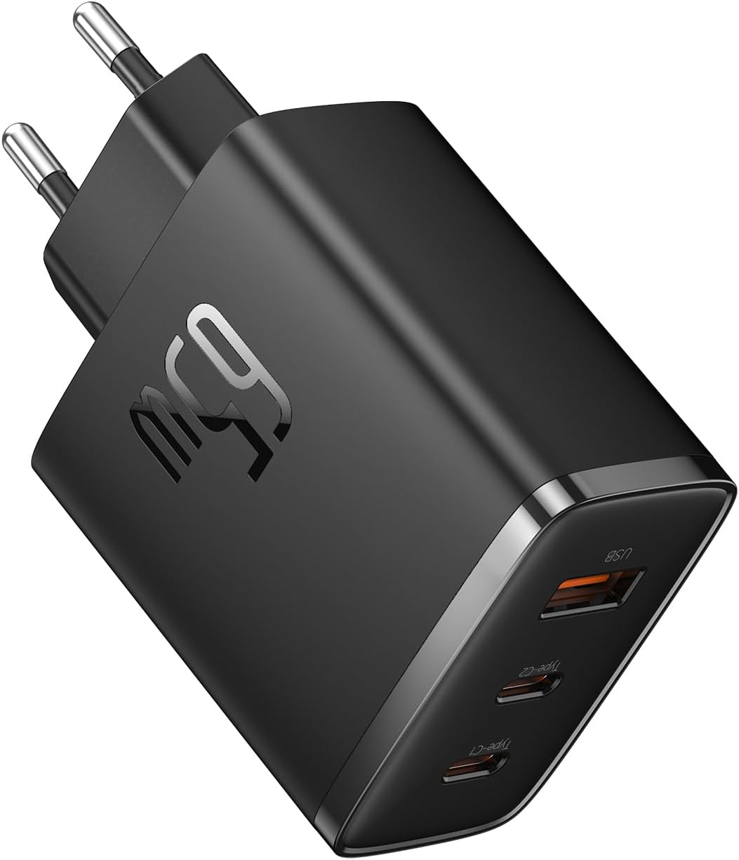  Chargeur rapide Baseus 65W avec 3 ports USB, GaN, compact, idéal pour MacBook et smartphones