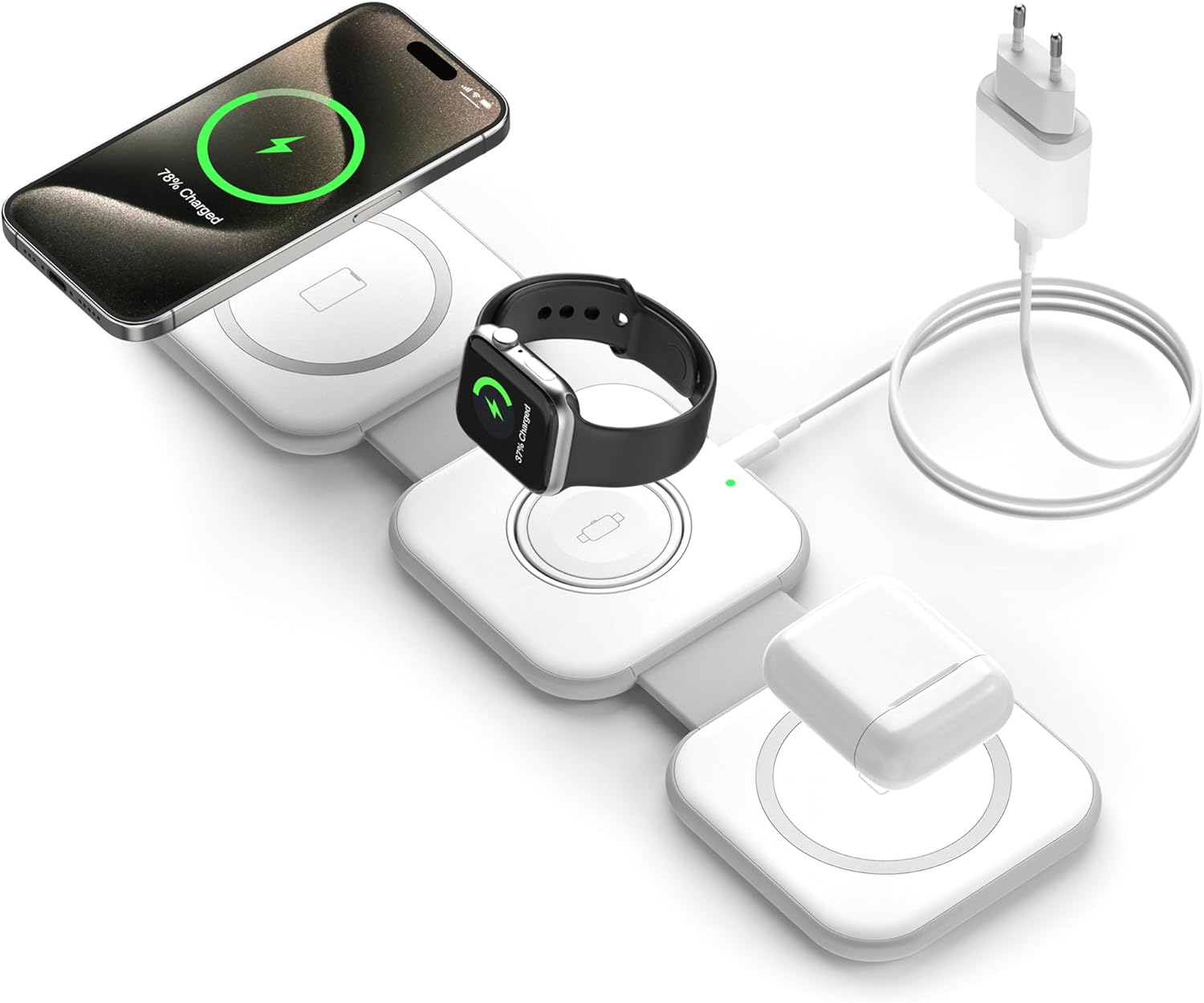 Chargeur induction sans fil 3 en 1 pliable TMKUHOR – charge simultanée iPhone, Apple Watch, AirPods, livré avec adaptateur secteur 20W – bon plan Amazon à prix réduit
