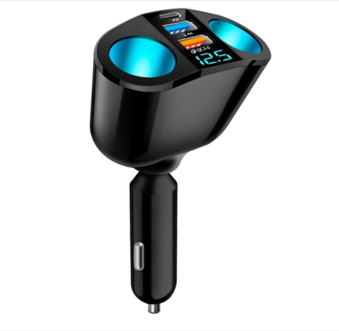 Chargeur voiture QC3.0 PD 120W Aokdom avec double prise allume-cigare et ports USB-C PD, affichage voltmètre LED, adaptateur charge rapide multi-appareils 12V 24V compatible smartphone GPS dashcam, promo Amazon à 8,98€.