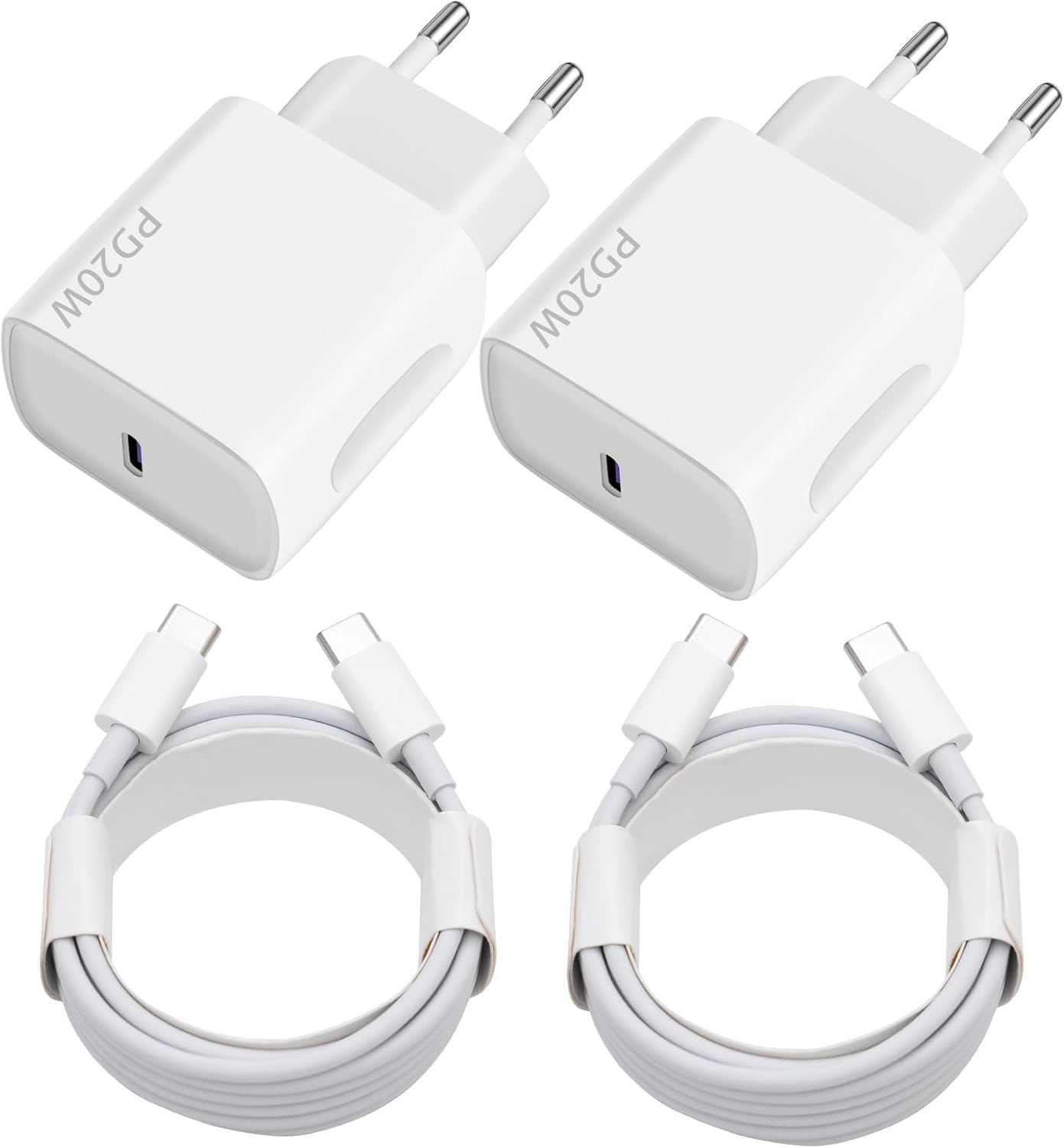 Chargeur USB-C 20W lot de 2 avec 2 câbles USB-C de 2 mètres, compatible iPhone, Samsung Galaxy, iPad, Huawei et Xiaomi