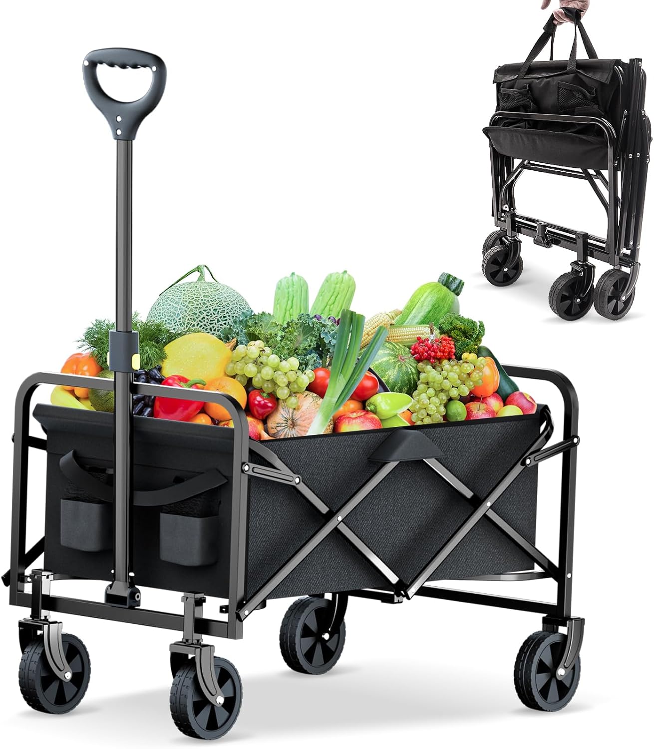 Chariot pliable Rowce noir tout-terrain avec roues pivotantes, grande capacité 120kg, idéal plage et jardin