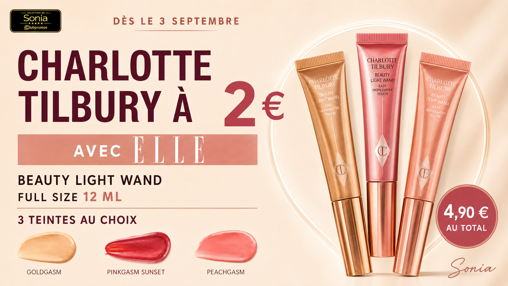Offre ELLE du 3 septembre 2026 avec Charlotte Tilbury Beauty Light Wand full size 12 ml à 2 euros supplémentaires, 3 teintes au choix