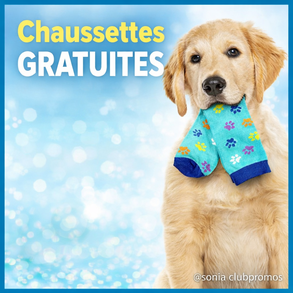 Chiot golden retriever tenant une paire de chaussettes turquoise avec empreintes colorées – opération chaussettes gratuites des Chiens Guides Grand Sud Ouest pour soutenir les personnes déficientes visuelles – bon plan solidaire.