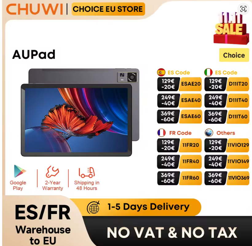 Tablette CHUWI AuPad Android 15 – 10,95 pouces FHD, Snapdragon 685, 8 Go RAM, 128 Go, 4G LTE, bon plan AliExpress avec code promo D11IT12.