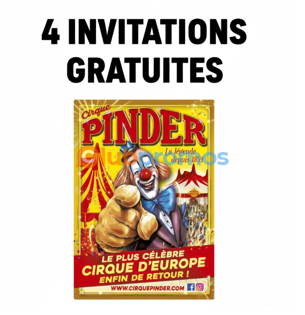 Affiche Cirque Pinder : “4 places Bronze offertes”, code PDR25, options de surclassement Argent, Or et Prestige, villes de la tournée.
