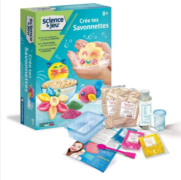  Coffret Clementoni Science & Jeu – Savons Moelleux pour enfants dès 8 ans, fabrication DIY de savons parfumés et colorés, activité chimie cosmétique sensorielle à petit prix.