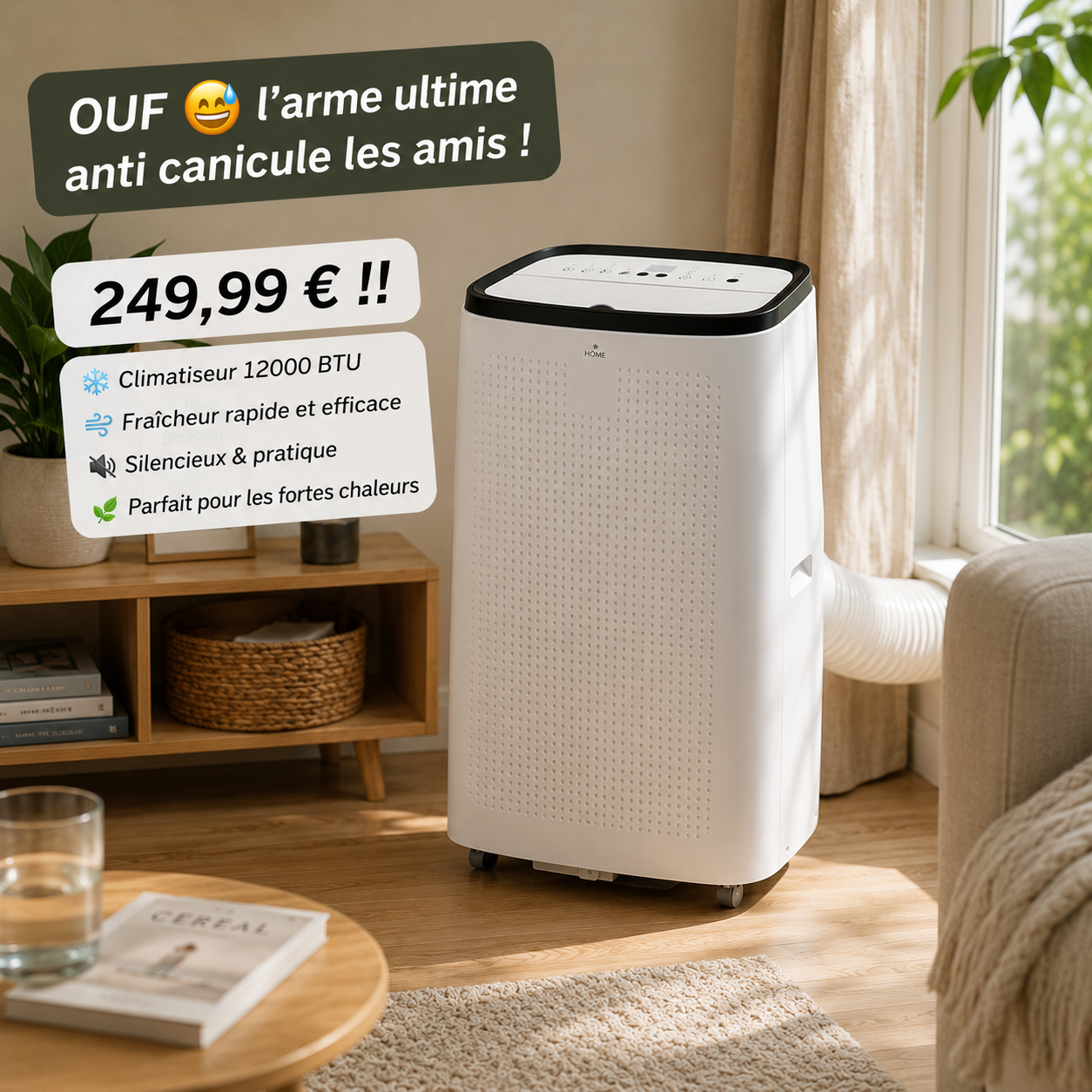 Climatiseur mobile Carrefour Home HMAC12JTB-25 12000 BTU, puissance 3560 W, gaz R290, télécommande incluse, refroidissement déshumidification et ventilation, adapté aux pièces jusqu’à 35-40 m², bon plan Carrefour à 249,99€ au lieu de 299,99€
