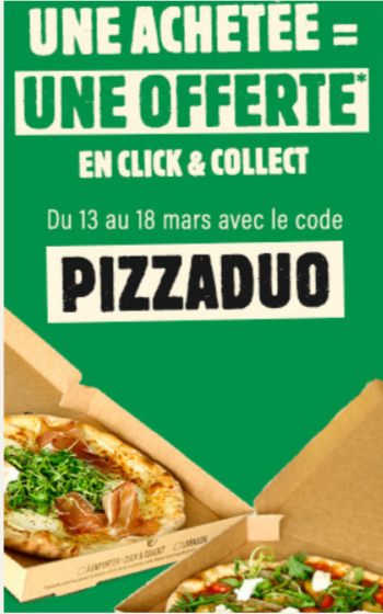 bon plan  Del Arte : 1 pizza achetée = 1 pizza offerte en Click & Collect avec le code promo delarte PIZZADUO.