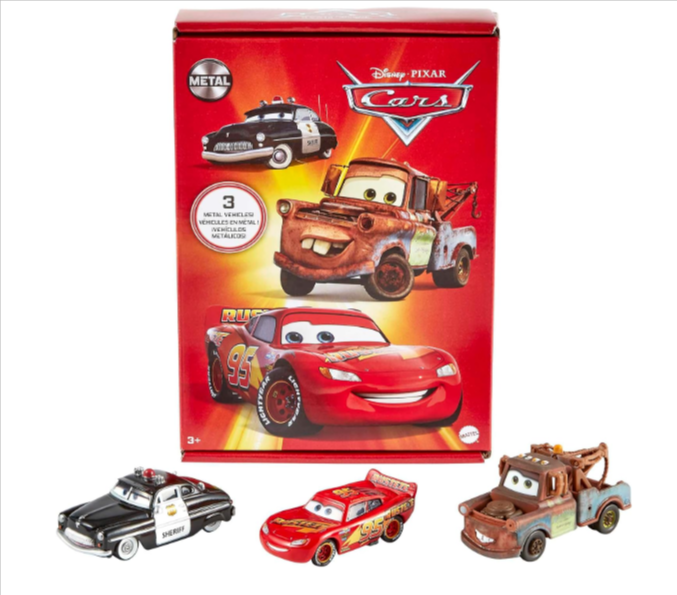 Coffret 3 véhicules Cars Mattel Disney Pixar, Flash McQueen, Shérif et Martin à l'échelle 1/55, jouet pour enfants.