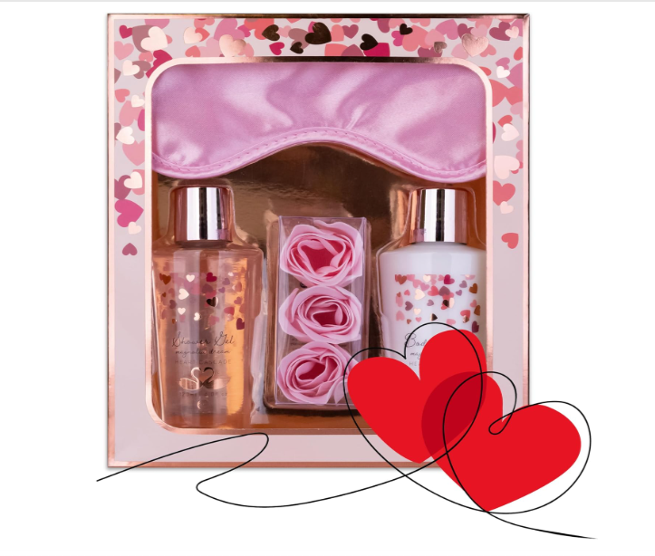 Coffret bain Accentra HEART CASCADE pour femme avec gel douche, lait corporel, confettis de bain en forme de rose et masque de sommeil, parfum magnolia, idée cadeau pas chère à 8,38€ sur Amazon, bon plan beauté et bien-être.