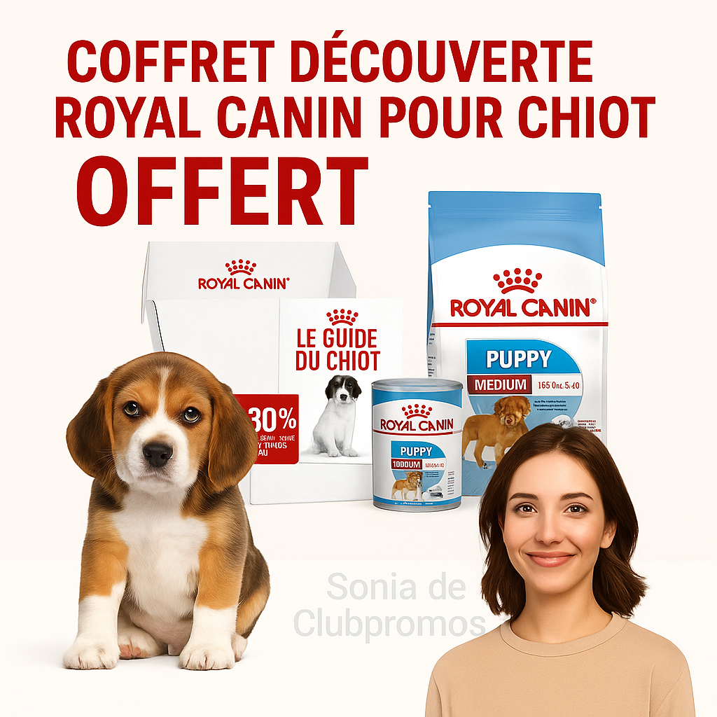 Coffret Découverte Royal Canin gratuit pour chiot avec croquettes Puppy, bouchées en sauce, guide pratique et bon de réduction alimentaire