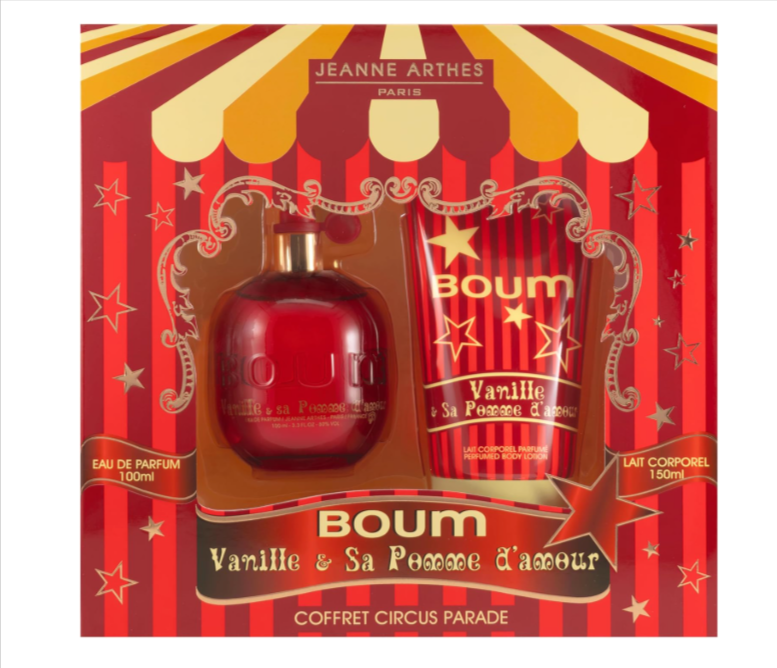 Coffret Jeanne Arthes Boum Vanille & Sa Pomme d'Amour, eau de parfum 100 ml + lait pour le corps 150 ml, disponible à 7,77€ sur Amazon