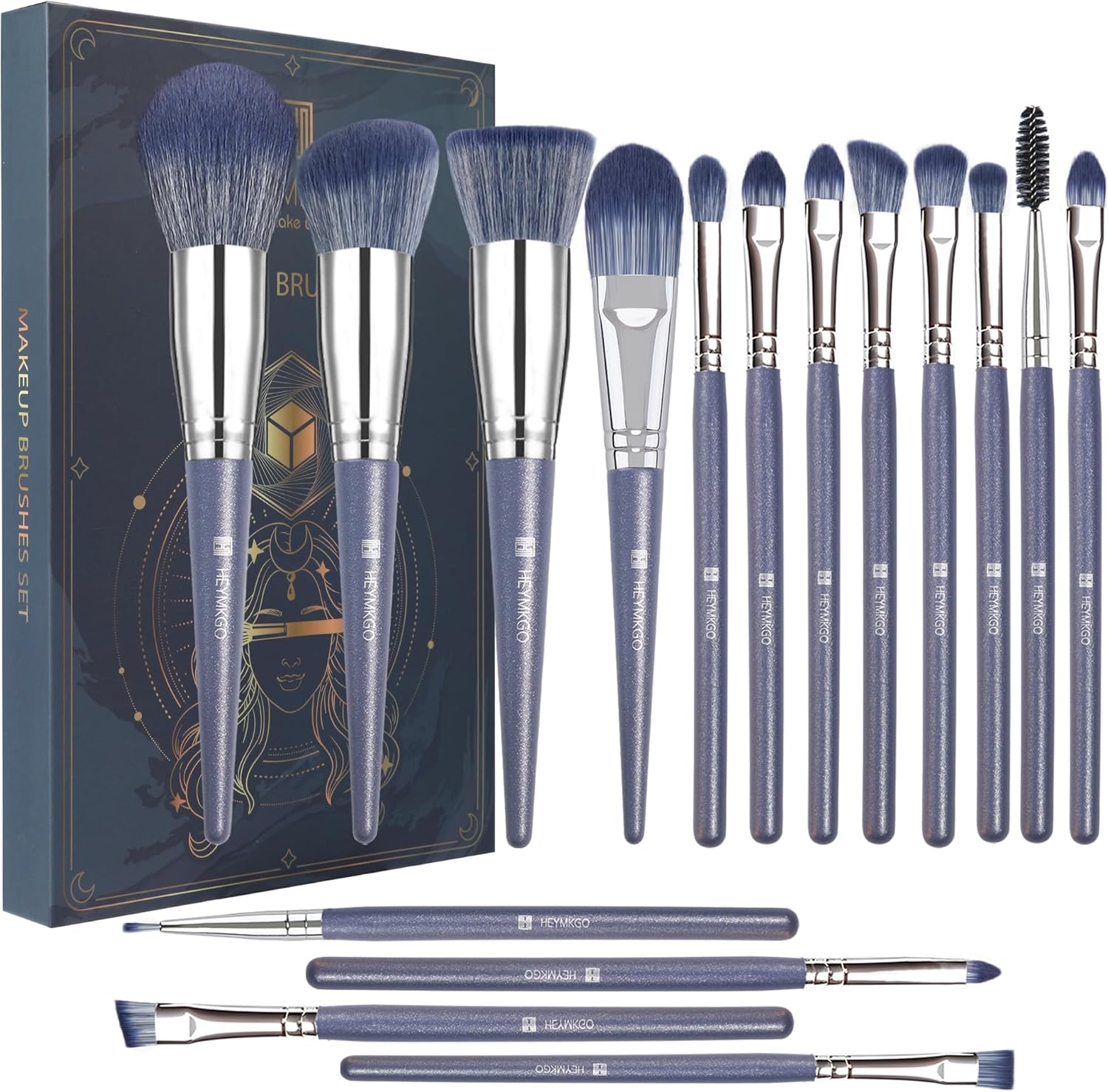 Coffret de 16 pinceaux de maquillage HEYMKGO bleu marine – fibre synthétique douce – visage et yeux – poils de qualité – boîte cadeau