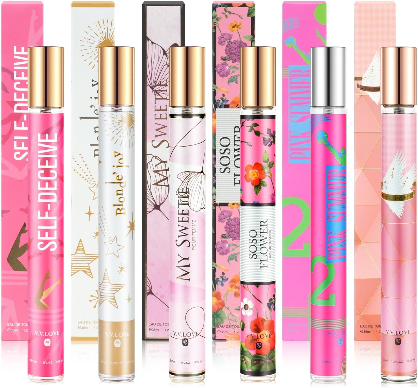 Coffret 6 parfums femme 6 × 35 ml, sans alcool, floraux/fruités/boisés, tenue 8–12 h, format voyage, prêt à offrir.