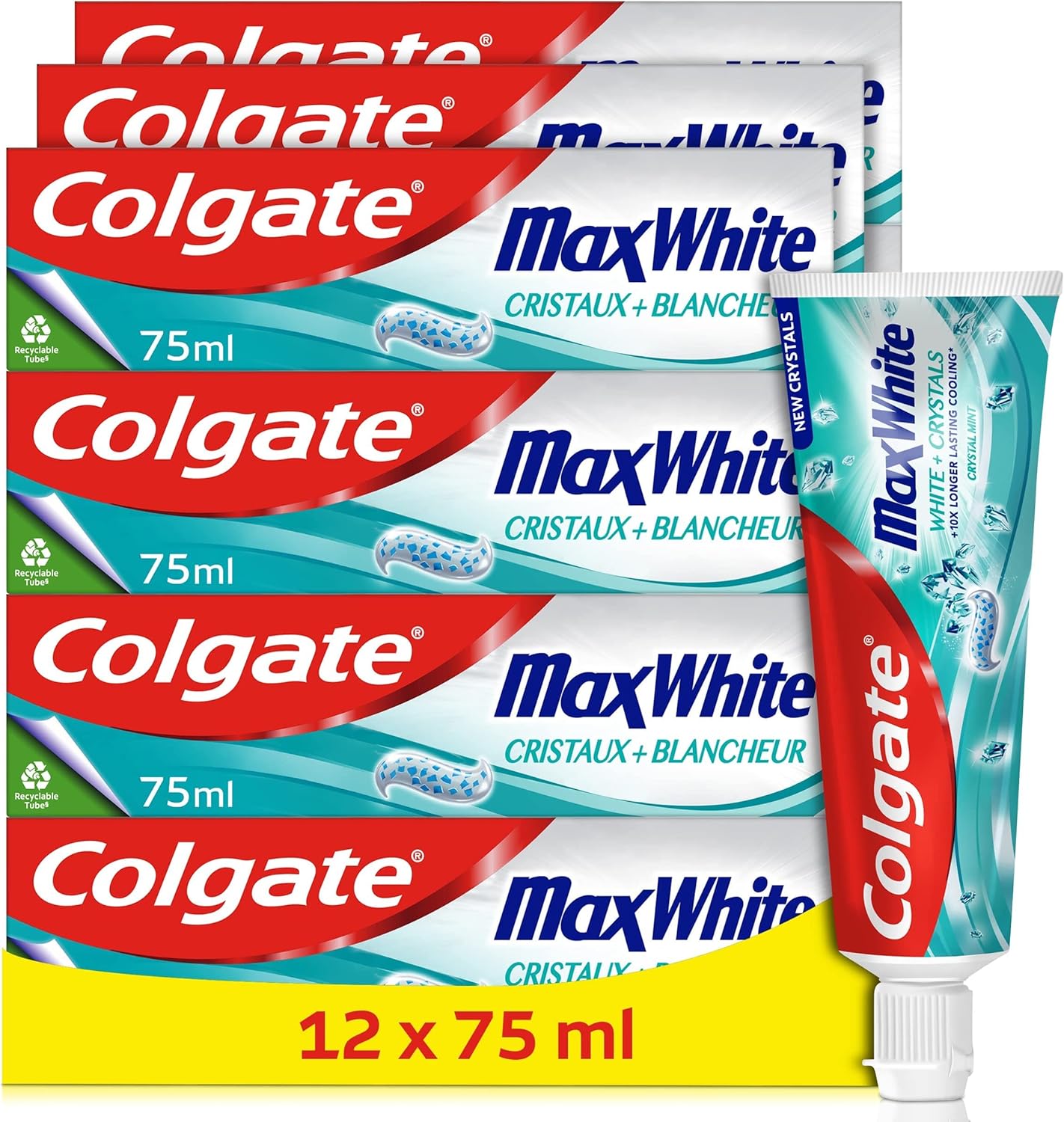 Dentifrice Colgate Max White Cristaux Blancheur – Blancheur naturelle, technologie FreshFX, tube recyclable, lot de 12 tubes de 75mL