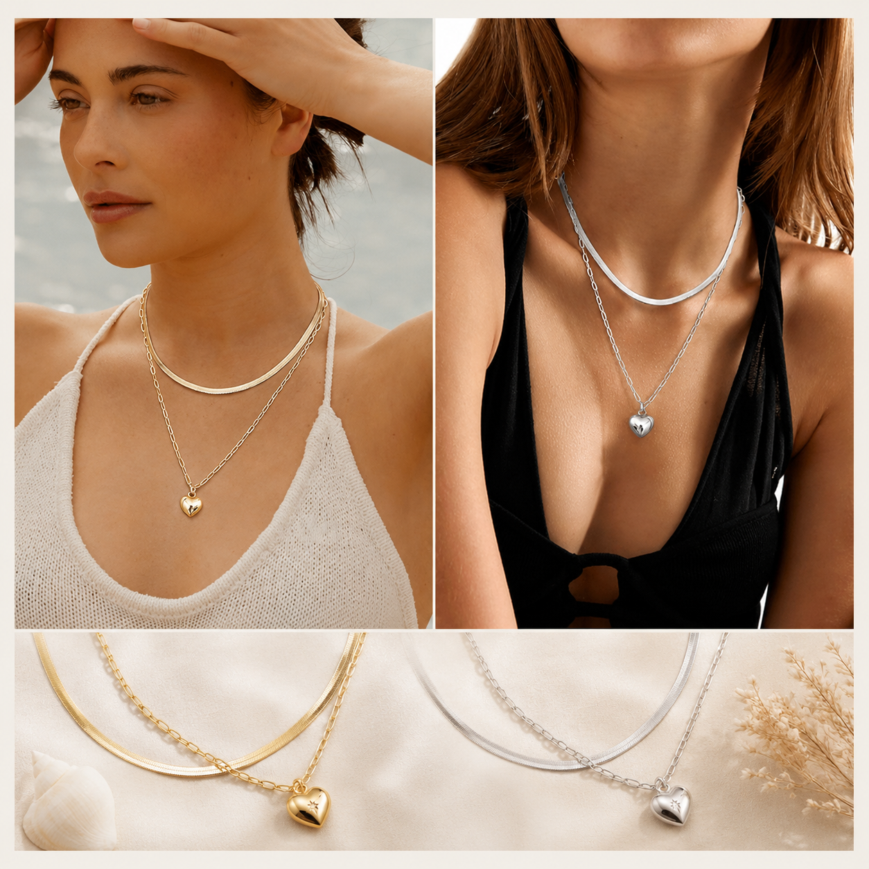 Collier double superposé avec pendentif cœur en finition argentée ou dorée, chaîne courte 36 cm et collier pendentif 46 cm réglables avec extension 5 cm, proposé à 3,99€ sur Amazon.[