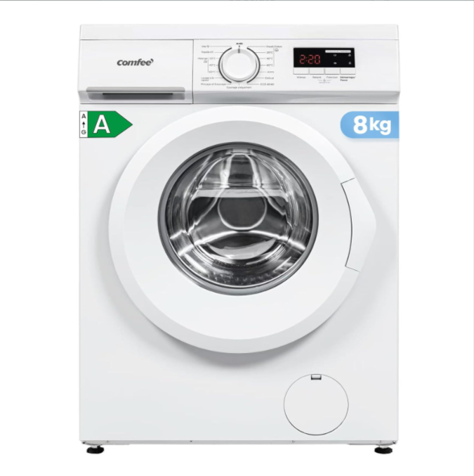  Lave-linge COMFEE’ CFE12EW80-W-FR 8 kg, moteur Inverter 1400 trs/min, Classe A, 15 programmes, vapeur hygiénique, profondeur 48 cm – Promo Amazon 284,99 €.