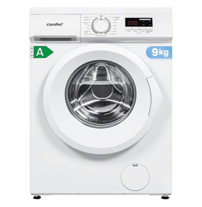  Lave-linge frontal COMFEE’ 9 kg classe A, moteur inverter, 1400 tr/min, 15 programmes, profondeur compacte 48 cm, blanc