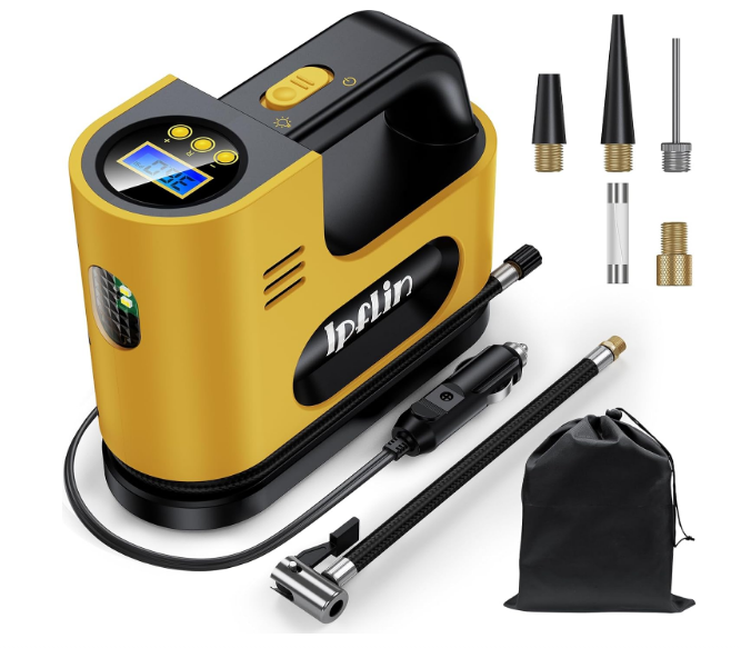 Compresseur à air portatif 12V Ipflin 150 PSI avec écran LED, arrêt automatique et lumière intégrée – compatible voiture, vélo, moto – disponible à prix réduit sur Amazon.