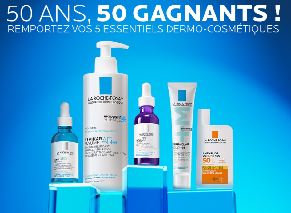 Concours La Roche-Posay : Gagnez 5 essentiels dermo-cosmétiques pour peaux sensibles - Inscription au tirage au sort pour célébrer les 50 ans de La Roche-Posay.