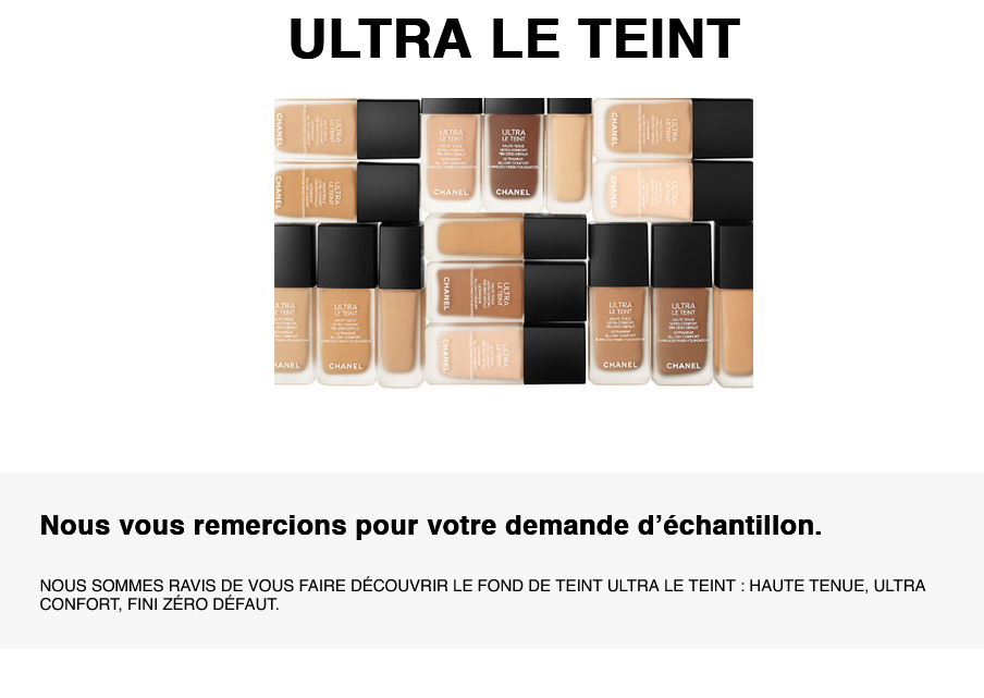 Capture de confirmation de demande d’échantillon gratuit Chanel Ultra Le Teint sur le site officiel – preuve visuelle après soumission du formulaire