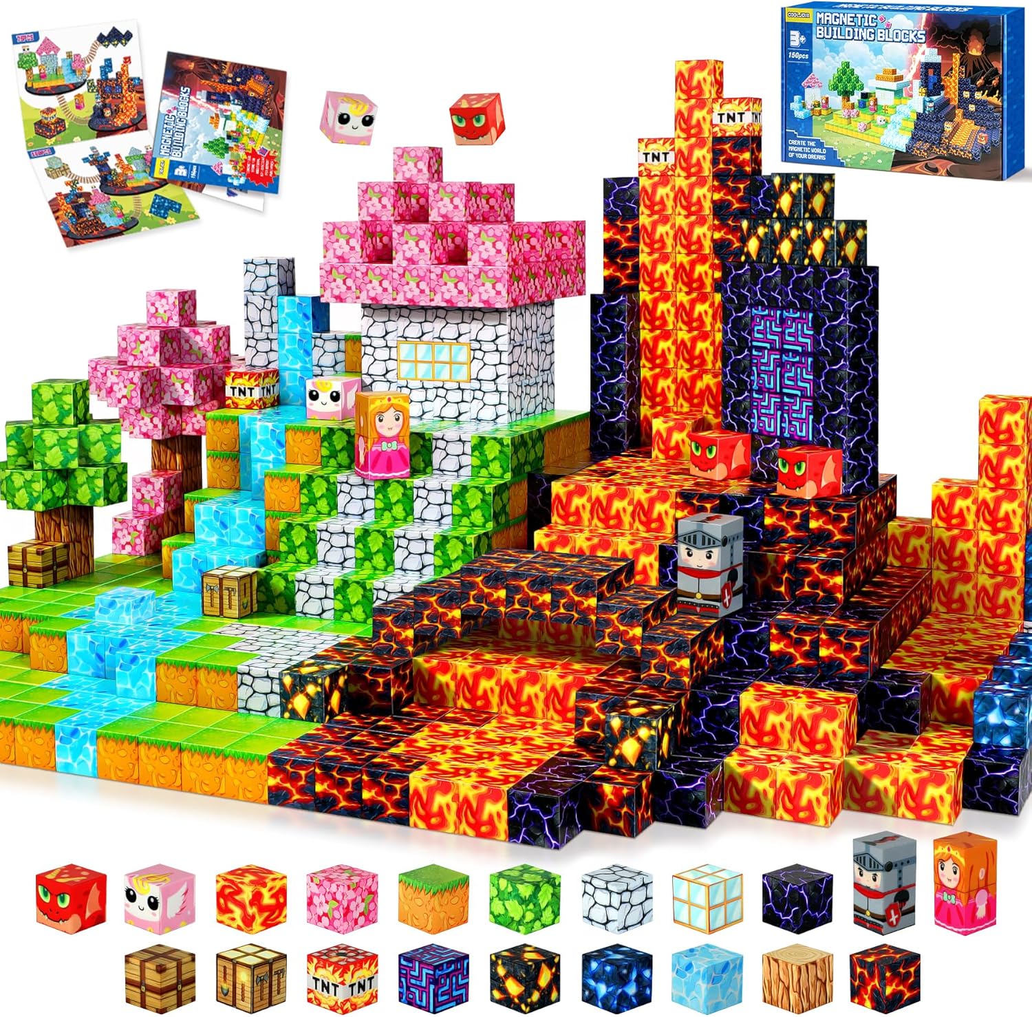  COOLJOYA ensemble 150 cubes magnétiques enfants 4+, thèmes Magma et Prairie, jouet créatif Montessori STEM, aimants puissants, ABS, bords lisses