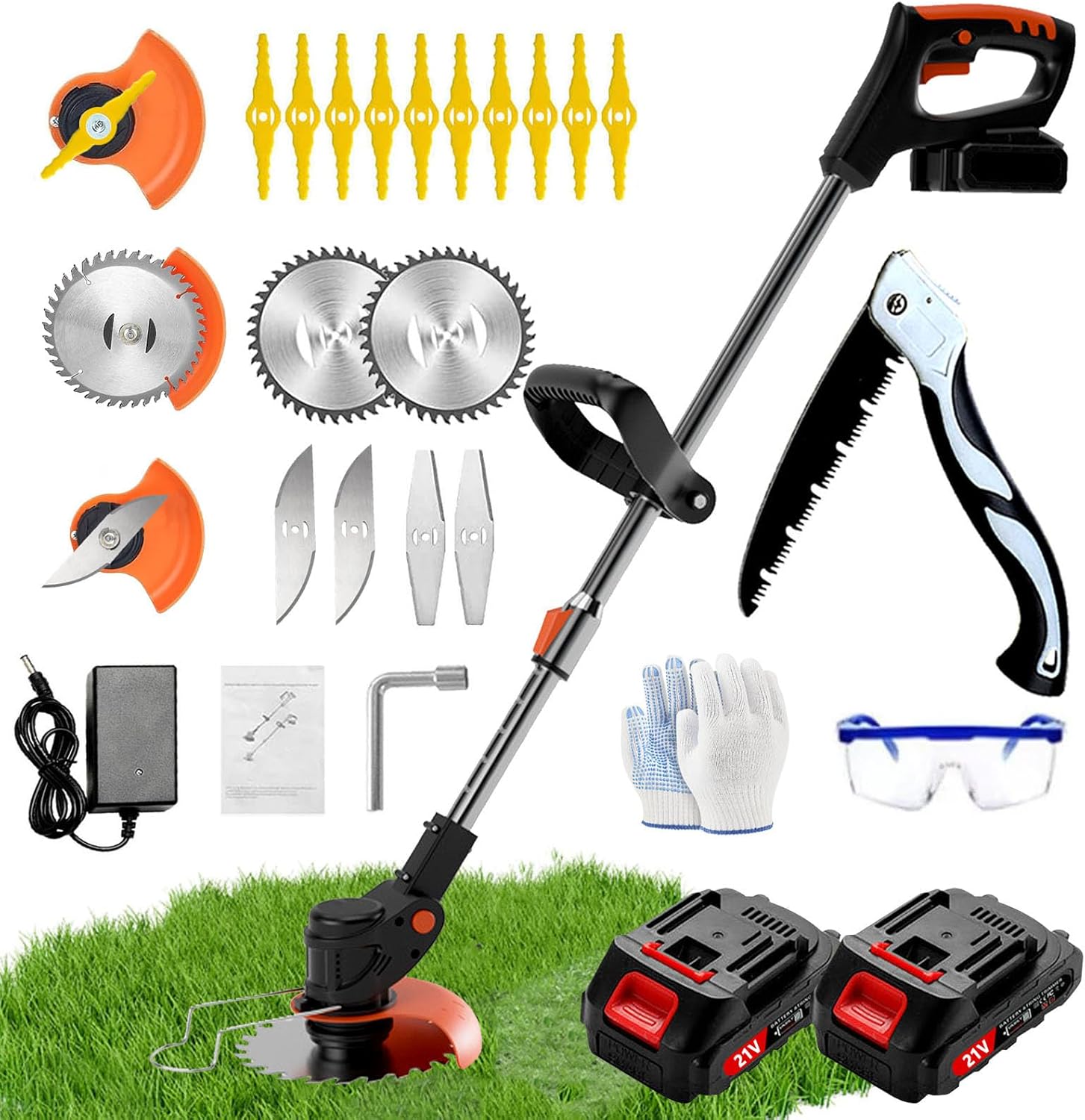 Coupe bordure sans fil avec 2 batteries 21V, 3 types de lames (plastique, métal, scie), tête rotative à 90°, design ergonomique et léger, idéal pour pelouse et entretien du jardin.