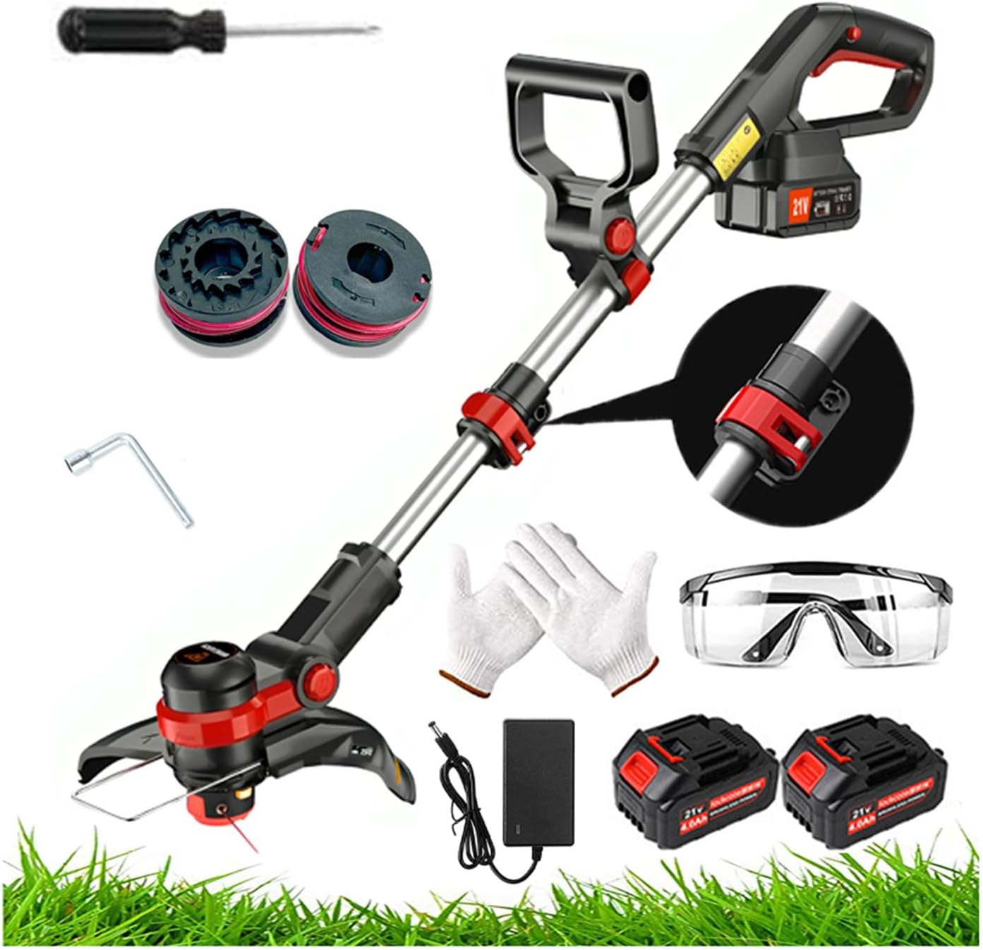 Coupe-bordure sans fil Wrneaoch avec batterie 2Ah, tête réglable 90°, poignée télescopique pour pelouse et jardin, idéal petites herbes