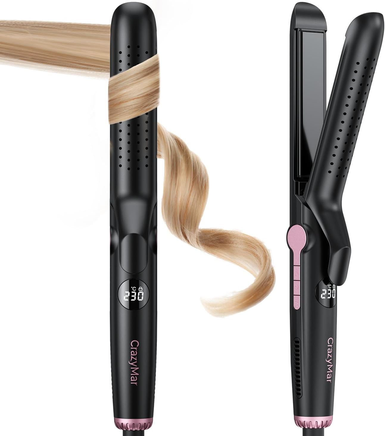 Lisseur à air froid et boucleur CrazyMar ionique 2-en-1 9 températures 110 à 230°C cheveux bouclés ou lisses anti frisottis compact voyage coiffure maison prix promo Amazon 9€ au lieu de 29,99€