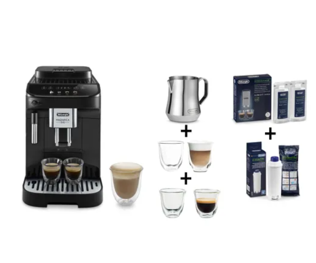 De’Longhi Magnifica Evo ECAM290.22.B expresso broyeur 1,8 L – écran tactile couleur, Doppio+, buse vapeur – bundle 2 tasses cappuccino 19 cl, 2 verres espresso, pichet à lait, filtre à eau, détartrant 2×100 ml – promo Cdiscount 349,99 €