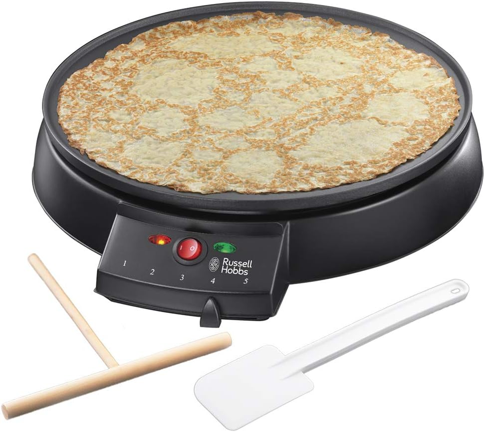 Crêpière électrique Russell Hobbs 30 cm, thermostat réglable, antiadhésif, spatule incluse.