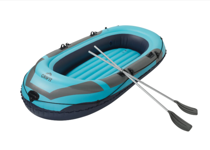 Bateau pneumatique Crivit 3 places – 260 kg – avec pagaies, sac marin et kit de réparation – bon plan Lidl – bateau gonflable stable et compact pour l’été